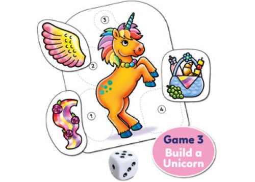 Colorful game box featuring three unicorn-themed games for kids, promoting creativity and teamwork through imaginative play.