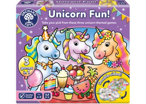 Colorful box featuring the Orchard Game - Unicorn Fun, showcasing three enchanting unicorn-themed games for kids.