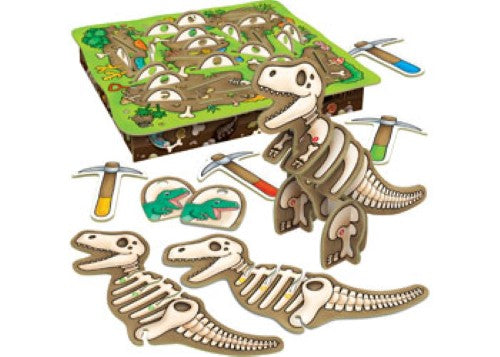 Colorful 3D board game featuring kids excavating dinosaur bones, enhancing fine motor skills and teamwork through play.