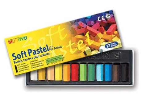 Mungyo Soft Pastels Set of 12 featuring vibrant, fade-resistant colors in an easy-to-hold square shape for versatile artwork.