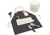 Wooden PlanToys Chef Set with utensils, pots, and ingredients for imaginative cooking play and role-playing fun.