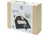 Wooden PlanToys Chef Set featuring utensils, pots, and fresh ingredients for imaginative cooking play and skill development.