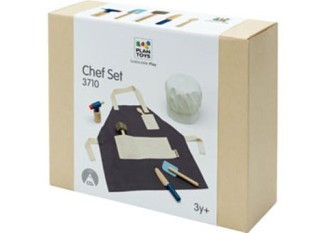 Wooden PlanToys Chef Set featuring utensils, pots, and fresh ingredients for imaginative cooking play and skill development.