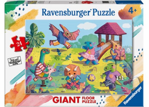 Vibrant Ravensburger puzzle of playful dinosaurs at the playground, ideal for toddlers age 3+, 24 oversized pieces.