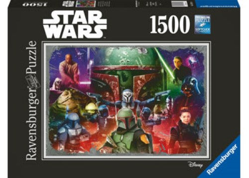 1500-piece Ravensburger puzzle featuring Boba Fett, perfect for Star Wars fans and puzzle enthusiasts alike.