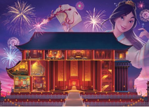 A colorful 1000-piece puzzle featuring Mulan's majestic castle, designed for Disney fans and puzzle lovers aged 12 and up.