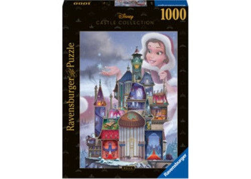 Ravensburger 1000pc puzzle featuring Belle's enchanting castle from 'Beauty and the Beast', vibrant colors, and detailed design.