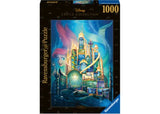 Colorful 1000-piece puzzle featuring Ariel's underwater kingdom and castle, perfect for Disney fans and family fun.