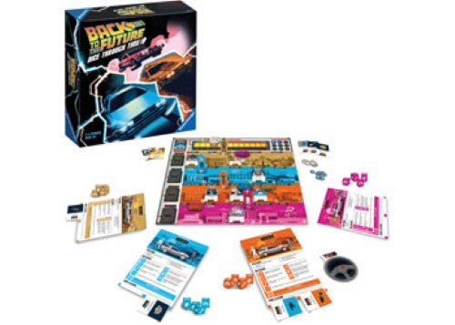 "Board game featuring DOC and Marty McFly in a time-travel challenge with vibrant components and engaging strategy for 2-4 players."