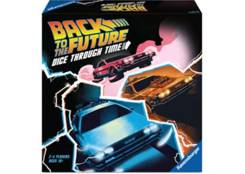 "Ravensburger's 'Back to the Future' board game showcasing vibrant game board, characters, and components for 2-4 players."