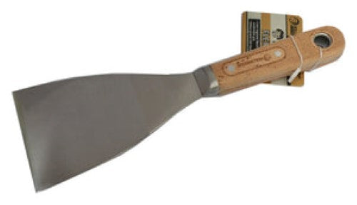 Flexible 75mm paint scraper with wooden handle and rolling dog design for easy paint removal and precise application.