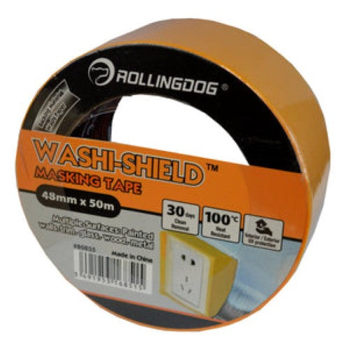 Adorable Rolling Dog washi tape, 50m x 48mm, perfect for crafts, heat resistant, and suitable for various surfaces.