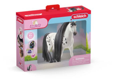 Schleich Knabstrupper Stallion figurine featuring a detailed spotted coat, perfect for play and collecting.