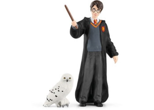 Harry Potter in Gryffindor robes with wand and glasses, alongside his loyal snowy owl, Hedwig, capturing magical adventures.
