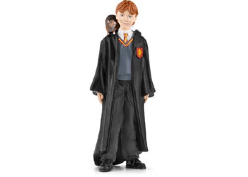 A detailed figurine set featuring Ron Weasley and his pet rat Scabbers from the Wizarding World, perfect for play and collecting.