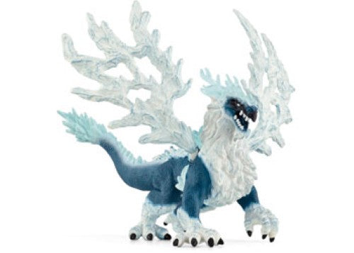 A fearsome silver Ice Dragon ready to attack, showcasing sharp teeth and powerful claws in a fantasy battle scene.