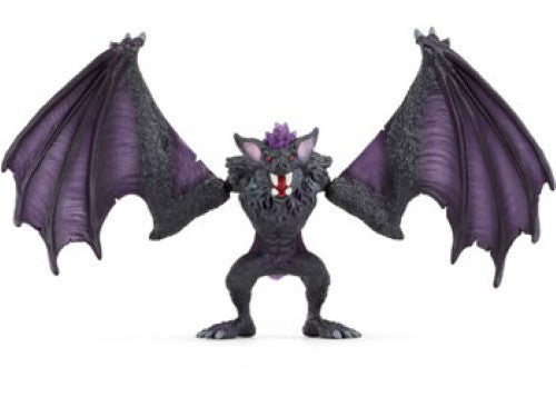 A detailed Schleich Shadow Bat figure with oversized ears, wings spread, showcasing its vampire-like teeth and ready for adventure.