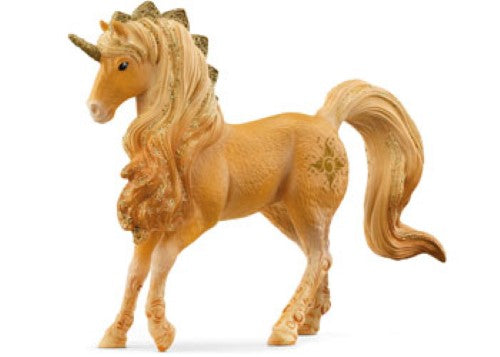 Golden-brown Apollon Unicorn Stallion with a golden crest and curly tail, symbolizes magic and sustainability in BAYALA fantasy.