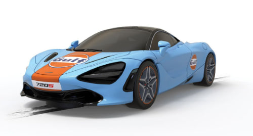 Scalextric McLaren 720S Gulf Edition slot car with sleek design, Gulf livery, and superior grip for thrilling races.
