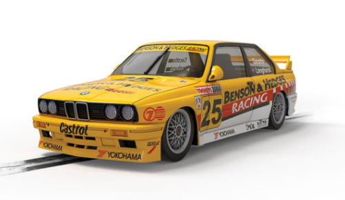 Detailed Scalextric BMW E30 M3 slot car from the 1992 Bathurst race, showcasing vibrant design and precision engineering.