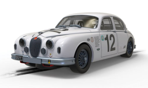 Scalextric Jaguar Mk1 Goodwood '21 slot car, featuring vibrant colors and authentic detailing for thrilling racing fun.