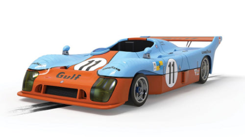 Detailed Scalextric Gulf Mirage Gr8 LM '75 slot car in iconic Gulf Racing colors, perfect for collectors and racing enthusiasts.