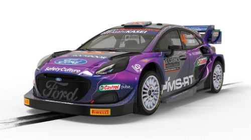 Scalextric WRC Ford Puma R1 Greensmith slot car, detailed design for racing, compatible with all Scalextric tracks.