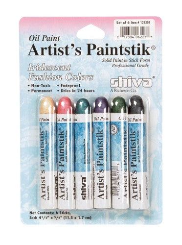 Set of 6 Shiva Oilstiks in vibrant iridescent colors for versatile and luminous artistic expression on canvas.