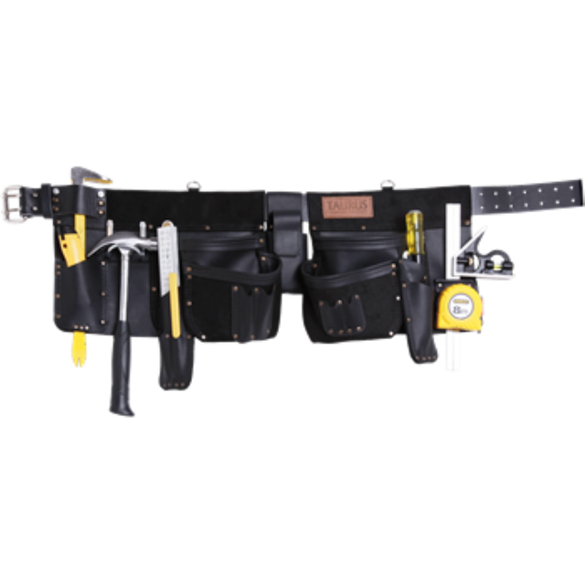 Heavy-duty black leather apron featuring customizable pockets, hammer holder, and smartphone pouch, designed for artisans and DIY enthusiasts.