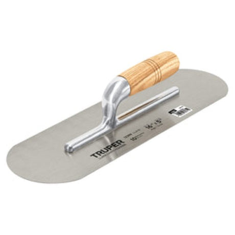 Pool trowel with round ends, 400mm x 125mm, features a durable mirror polish and ergonomic wooden handle for smooth finishes.