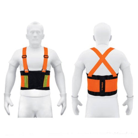 Truper Large Support Belt for 38-44" waists, featuring adjustable fit, lumbar support rods, and high visibility tape.