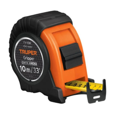 Truper 10m tape measure with 32mm blade for precise measurements, durable casing, lightweight, and easy to carry.