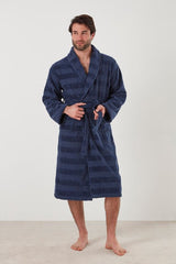 Navy Aiden bathrobe with shawl collar, pockets, and waist tie, made from soft OEKO-TEX® cotton for comfort at home.