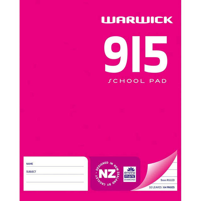 Pack of 10 Warwick School Pads with 36 leaves of 9mm ruled paper, ideal for notes and organization in writing.