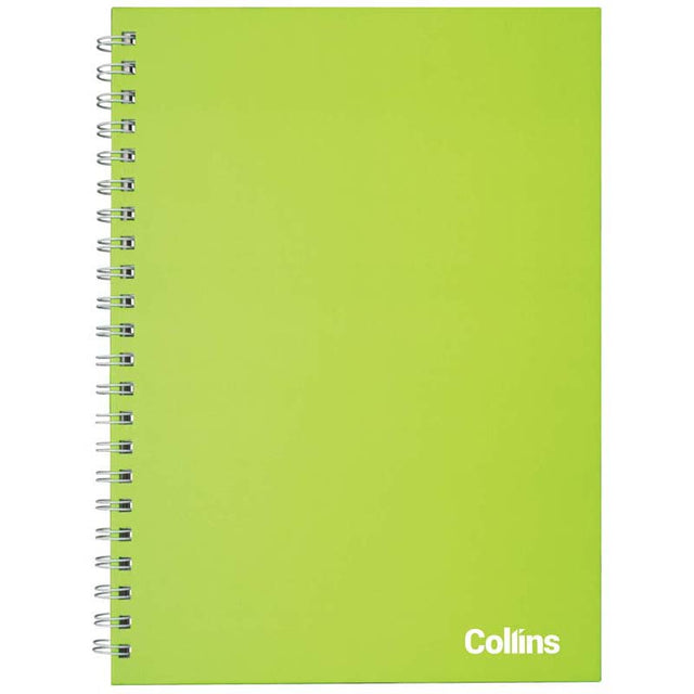 Collins Wiro A4 notebook in lime green, 100 ruled pages, 7mm spacing, durable binding for easy page flipping.