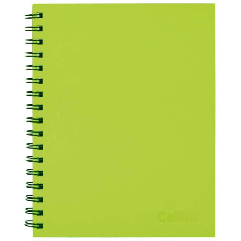 Vibrant lime green Collins Notebook, 225x175mm, with 100 smooth leaves and wiro binding for easy writing and versatility.