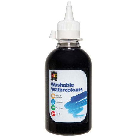 Washable black watercolour paint in a 250ml bottle, non-toxic and acid-free for easy use and clean-up.