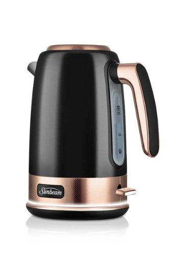 Elegant black bronze electric kettle with 1.7L capacity, radiant boiling lights, and smooth push-button operation.