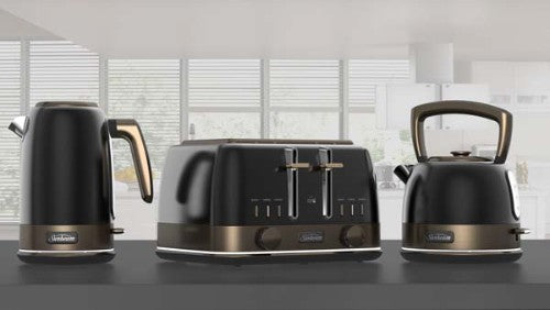 Elegant black bronze electric kettle with 1.7L capacity, rapid boil, and soft-opening lid for a modern kitchen experience.