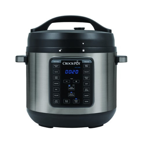 Crock Pot CPE300 Express XL Multi Cooker with 7.6L capacity, 14 functions, and dishwasher-safe non-stick pot.