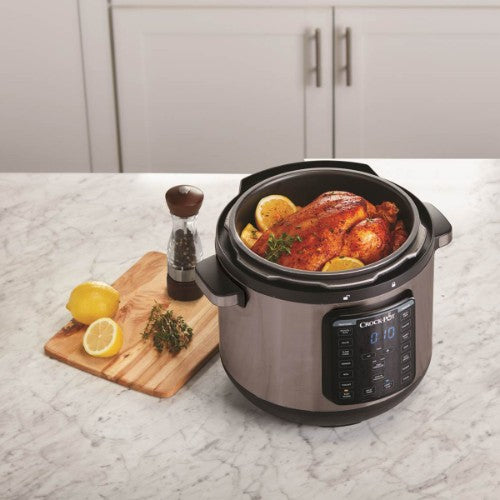 Crock Pot CPE300 Express Crock XL Multi Cooker with 14 functions and 7.6L capacity for versatile and fast cooking.