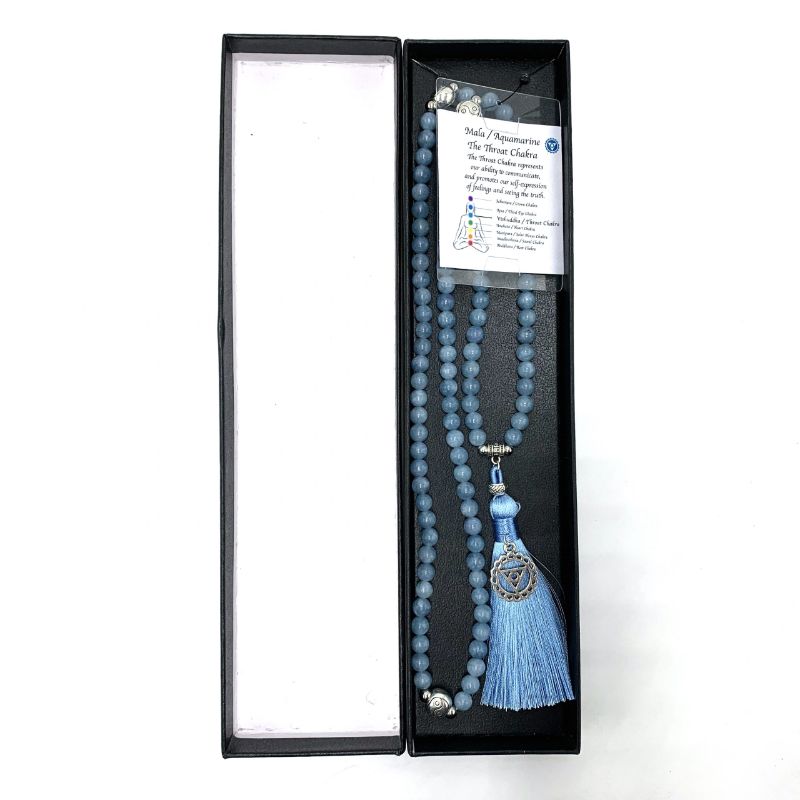 Mala Beads - Aquamarine with Throat Chakra Charm (70cm)