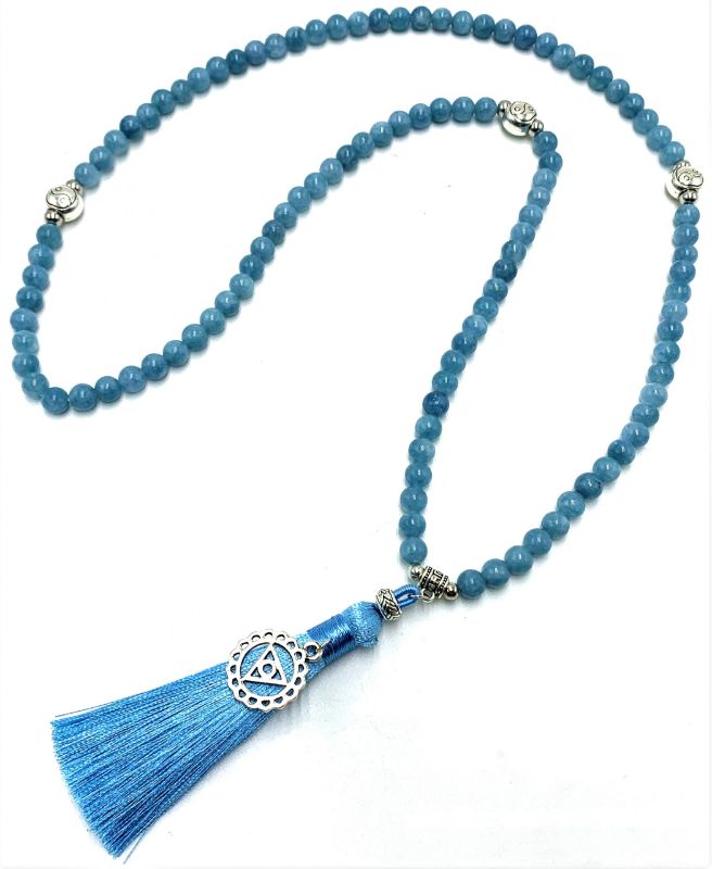 Mala Beads - Aquamarine with Throat Chakra Charm (70cm)