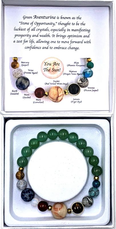 Aventurine Solar System Bracelet featuring soothing beads, representing planets, designed for elegance and cosmic energy.