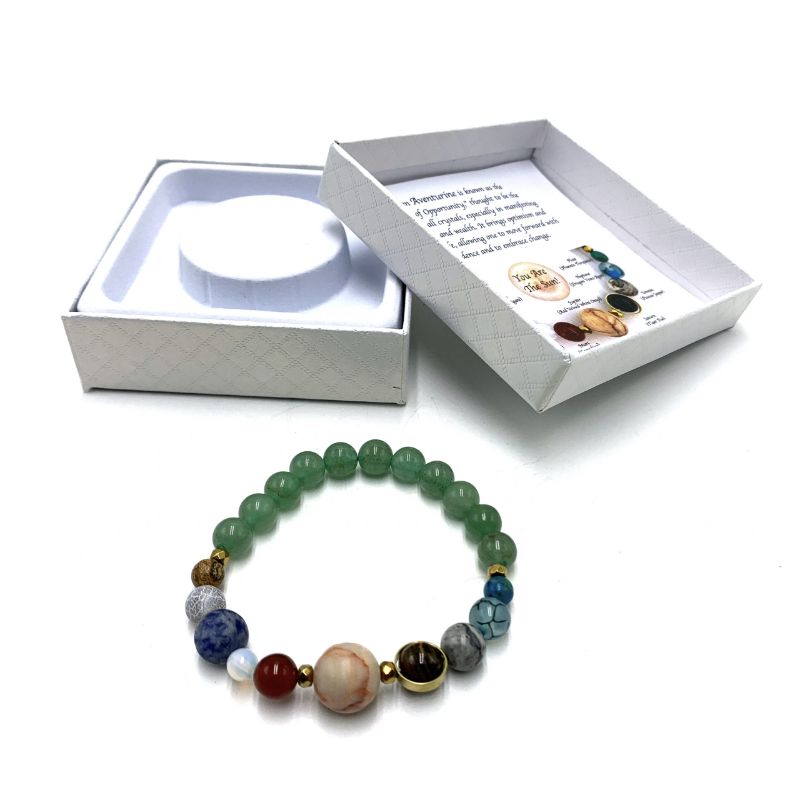 Aventurine Solar System Bracelet, 7cm, features soothing gemstones representing planets for style and spiritual energy.