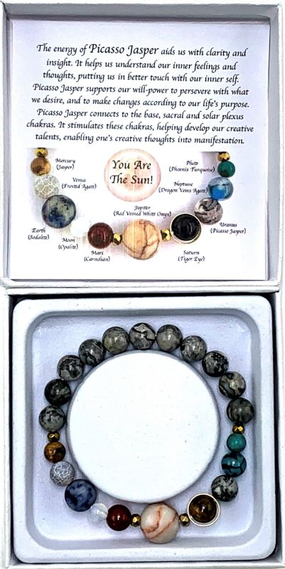Handcrafted 7cm bracelet featuring unique grey Picasso jasper beads, inspired by the solar system's cosmic beauty and harmony.
