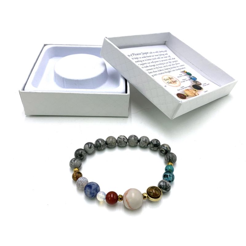 Grey Picasso Jasper bracelet, 7cm, featuring unique beads for cosmic balance, perfect for style and mindfulness.