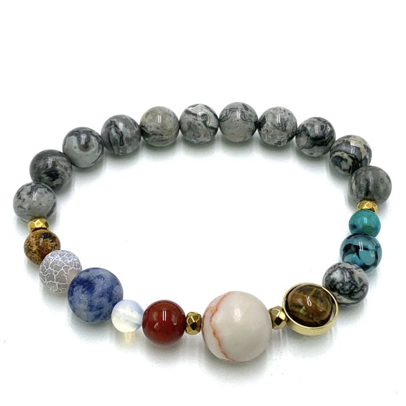 Elegant grey Picasso jasper bracelet (7cm) featuring unique beads inspired by the solar system, perfect for any outfit.