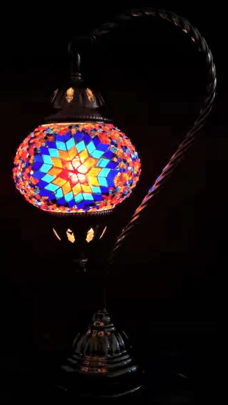 Vibrant 37cm Turkish mosaic lamp with swan neck design, showcasing colorful glass, perfect for adding charm to any space.