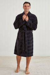 Black Aiden bathrobe with shawl collar, pockets, and waist tie, made from 100% OEKO-TEX® cotton, L/XL size.